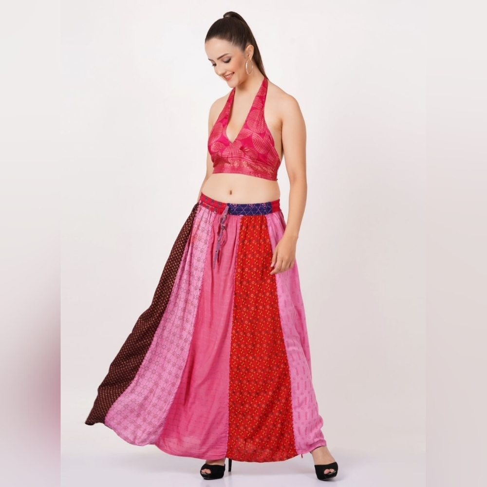 Upcycled Boho Colorful Patchwork Maxi Skirt
